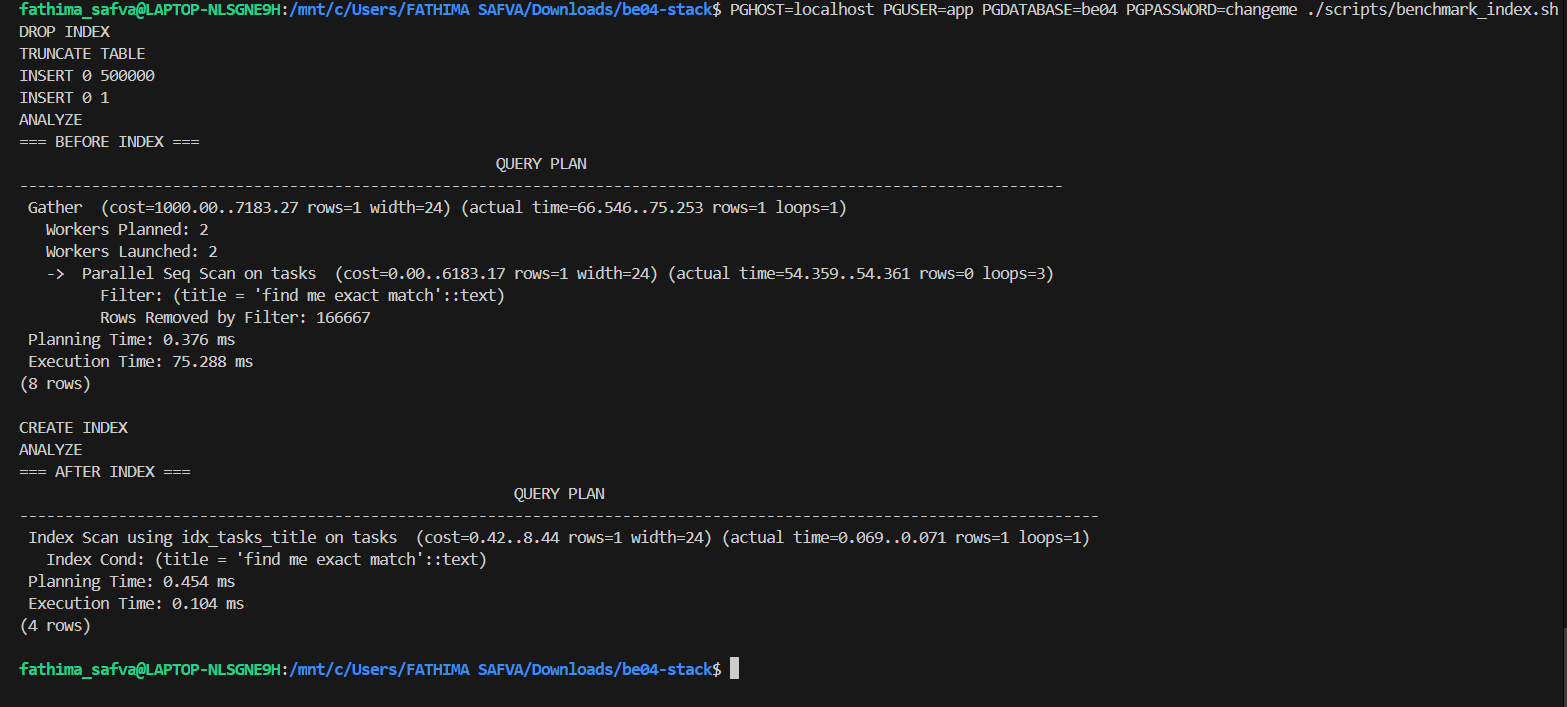 Terminal output of an EXPLAIN ANALYZE benchmark, showing query time drop from 75ms to 0.1ms after adding an index
