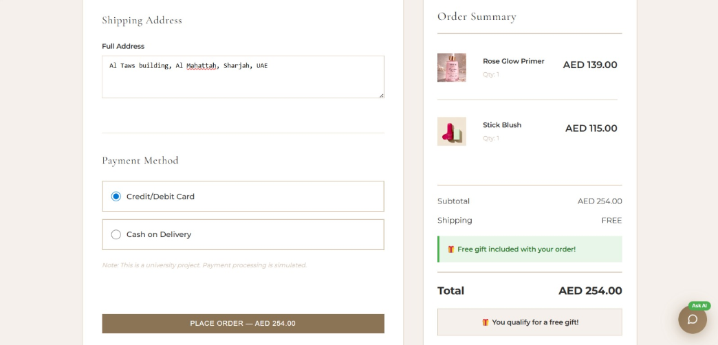 MIRAÉ LUXE checkout page with shipping address, payment method, and order summary