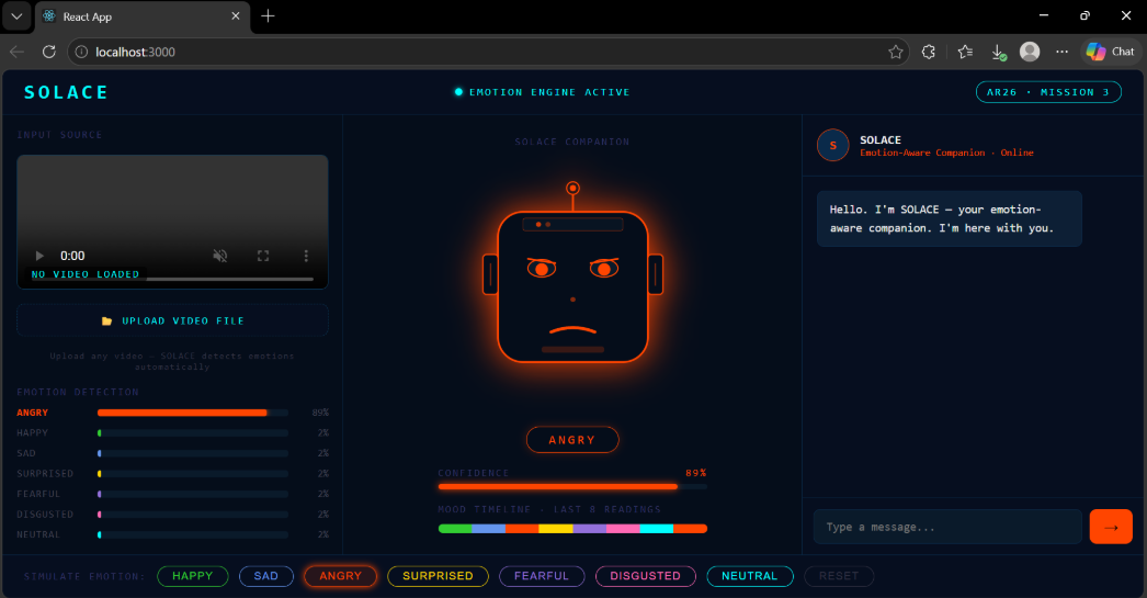 SOLACE app interface showing live emotion detection, mood timeline, and chat panel